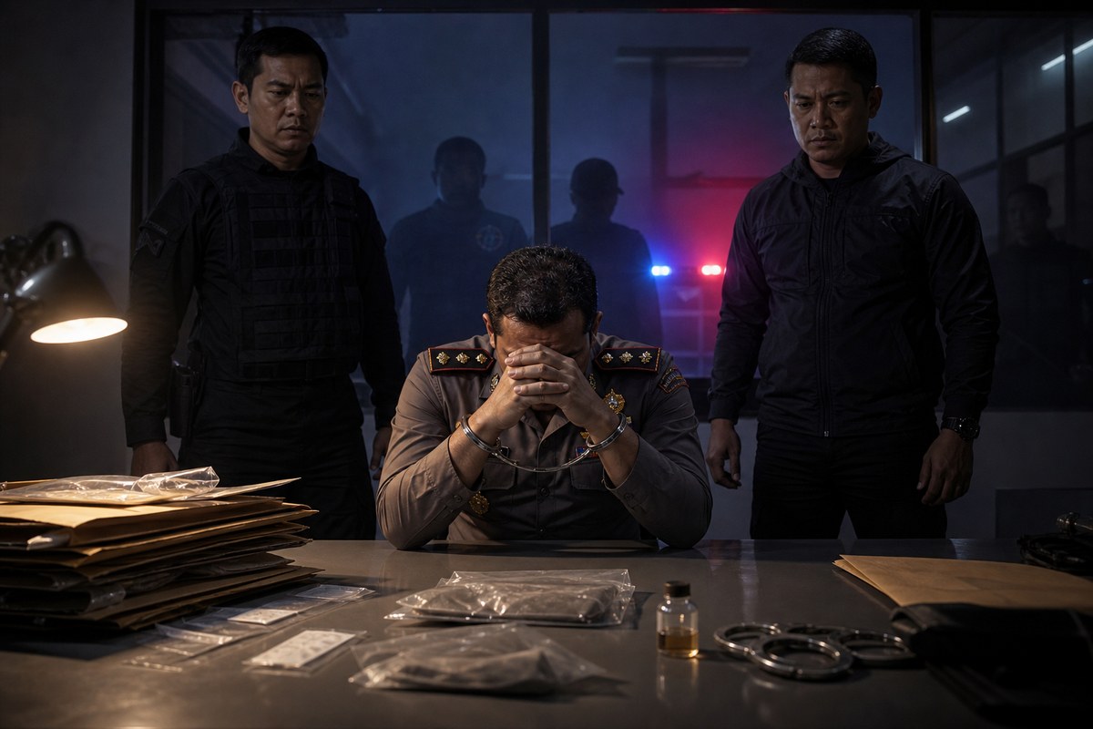 Kasat Narkoba Polres Kukar digambarkan dalam ilustrasi penyelidikan polisi dengan berkas barang bukti dan suasana ruang pemeriksaan gelap.