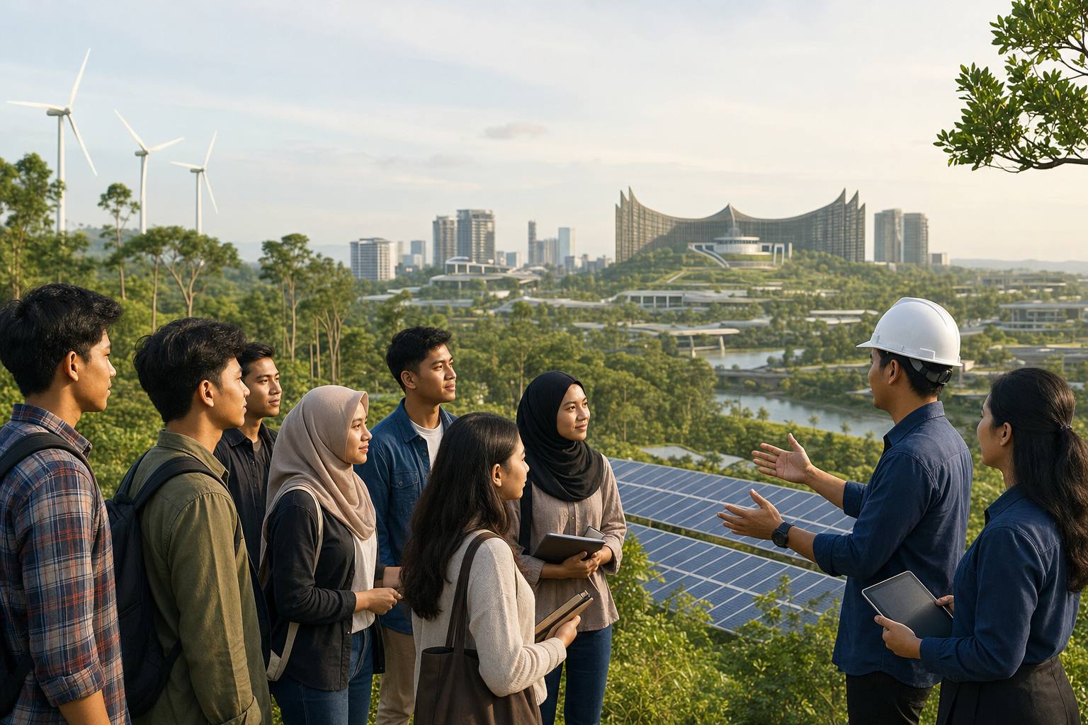 Mahasiswa Kaltim membahas lingkungan dan energi bersih dengan latar Nusantara dan panel surya