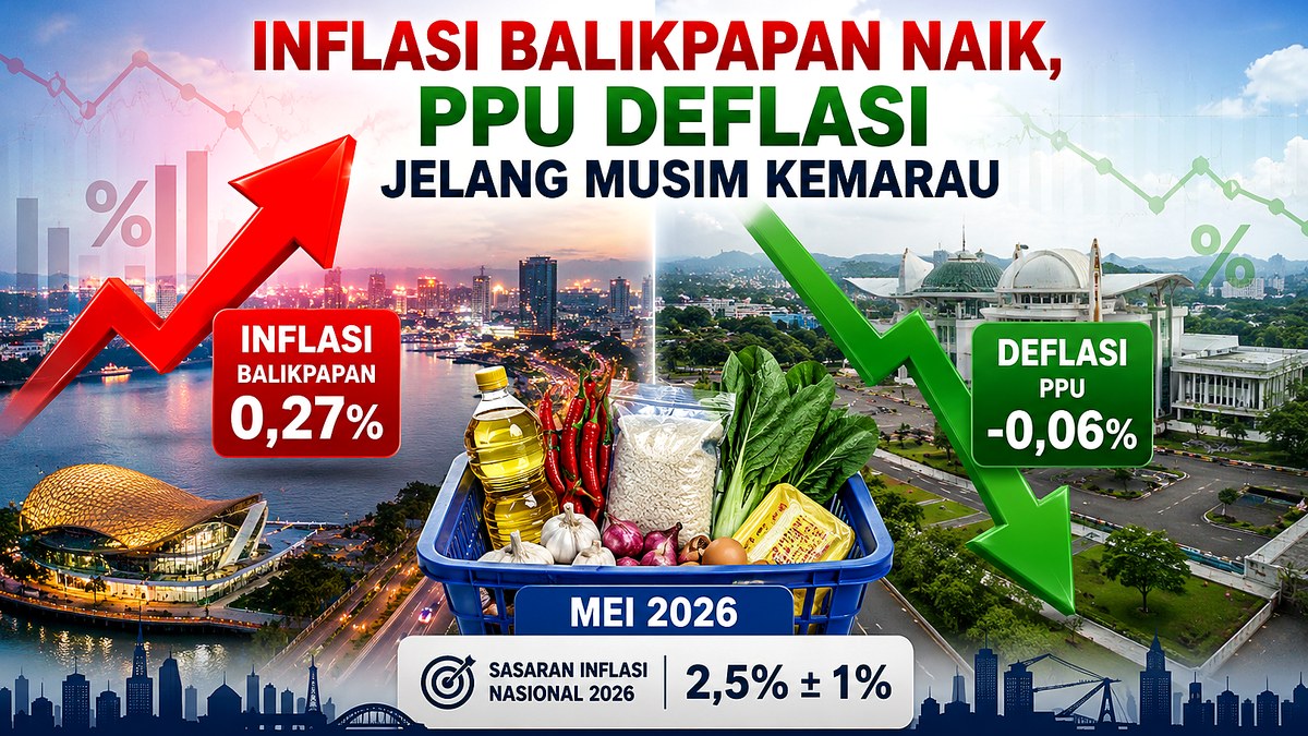 Ilustrasi inflasi Balikpapan naik 0,27 persen dan PPU deflasi 0,06 persen pada Mei 2026.