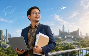 Ilustrasi dosen Indonesia dengan laptop dan dokumen di depan latar IKN untuk artikel tentang LPDP dan penguatan SDM.